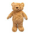 A classic plush teddy bear nightlight and sound machine made of curly, shaggy brown faux fur, standing against a solid white background.