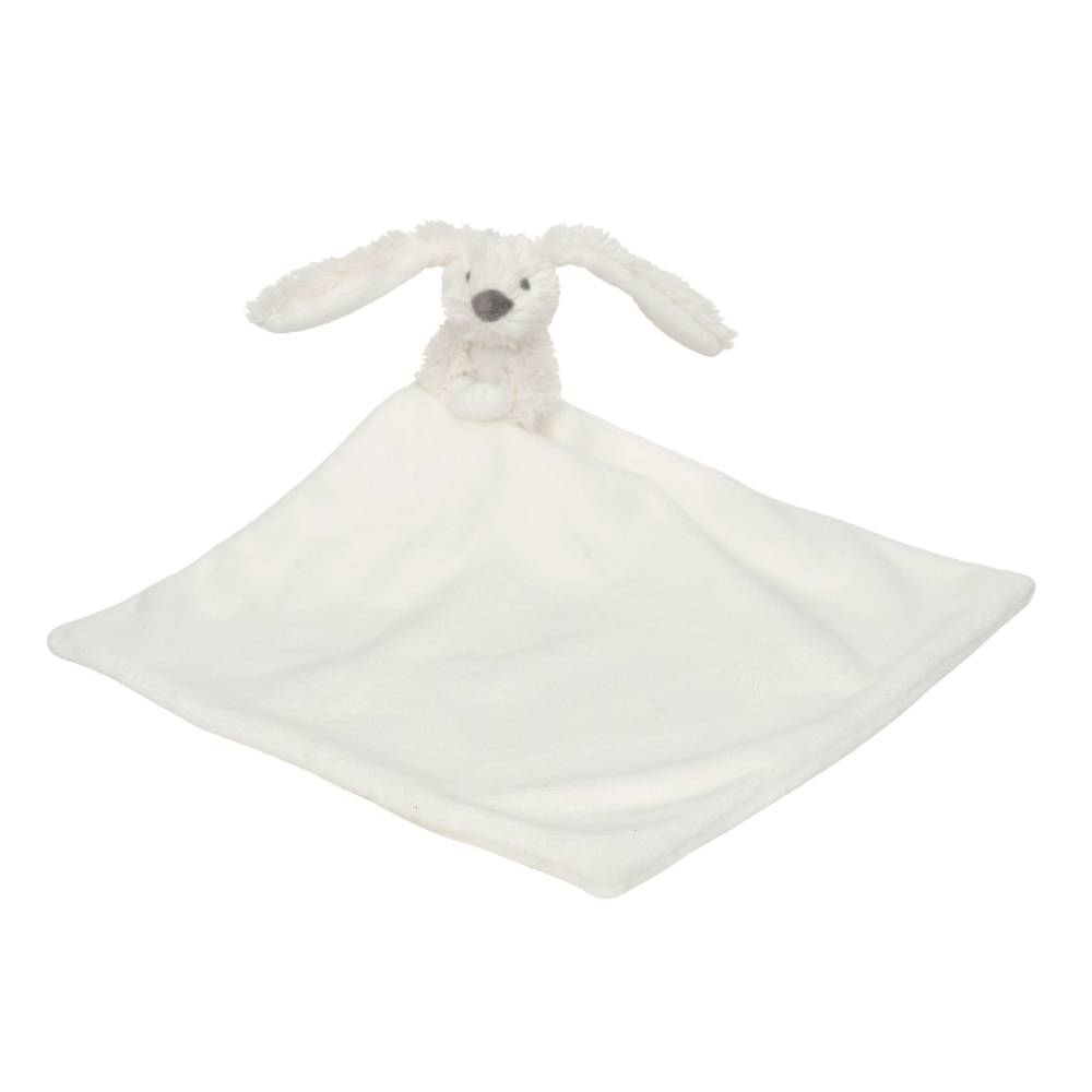 A white Happy Horse soft, cuddly Rabbit comforter connected to a small blanket on a white background. 