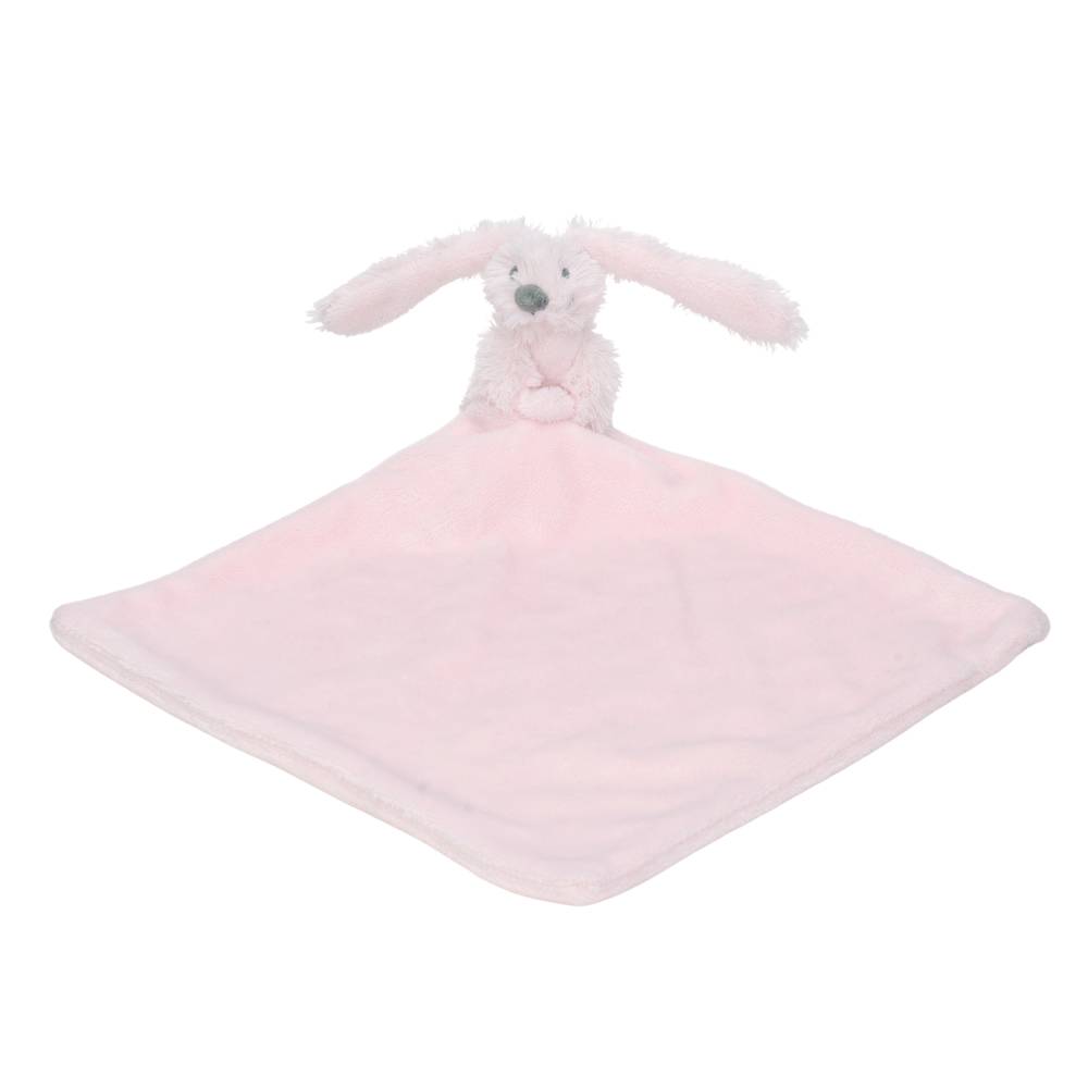 A light pink Happy Horse soft, cuddly Rabbit comforter connected to a small blanket on a white background. 