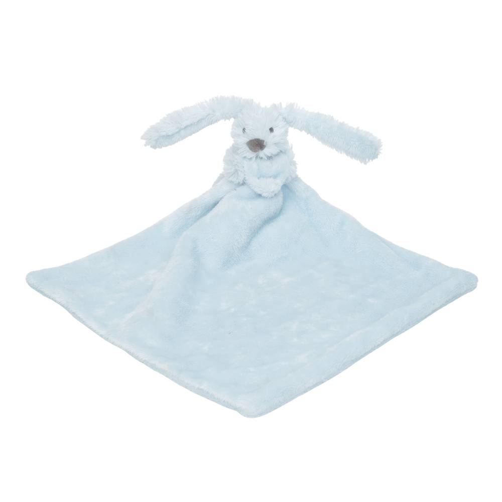 A light blue Happy Horse soft, cuddly Rabbit comforter connected to a small blanket on a white background. 