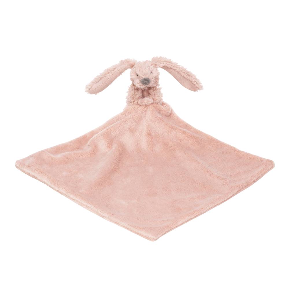 A pink Happy Horse soft, cuddly Rabbit comforter connected to a small blanket on a white background. 