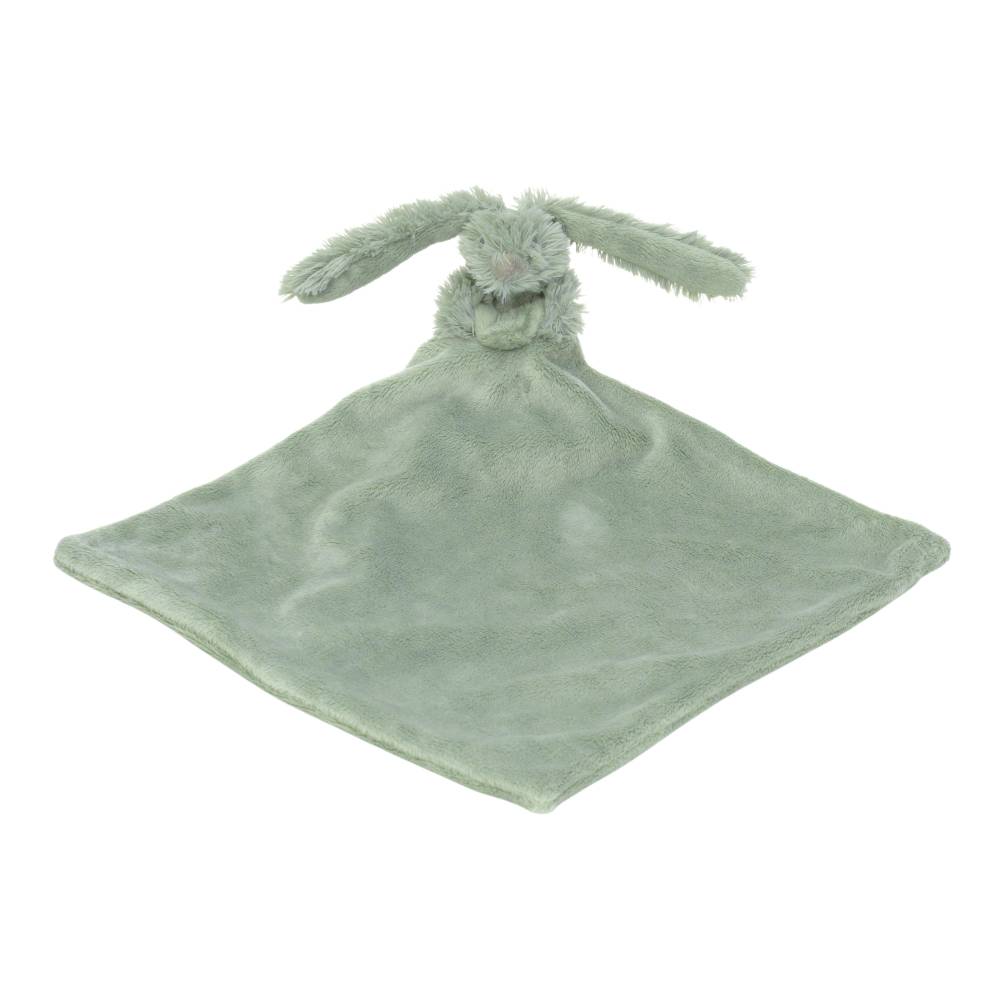 A green Happy Horse soft, cuddly Rabbit comforter connected to a small blanket on a white background. 