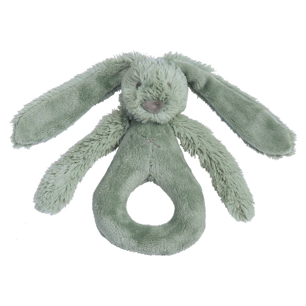 A green Happy Horse soft, cuddly Rabbit Rattle on a white background. 