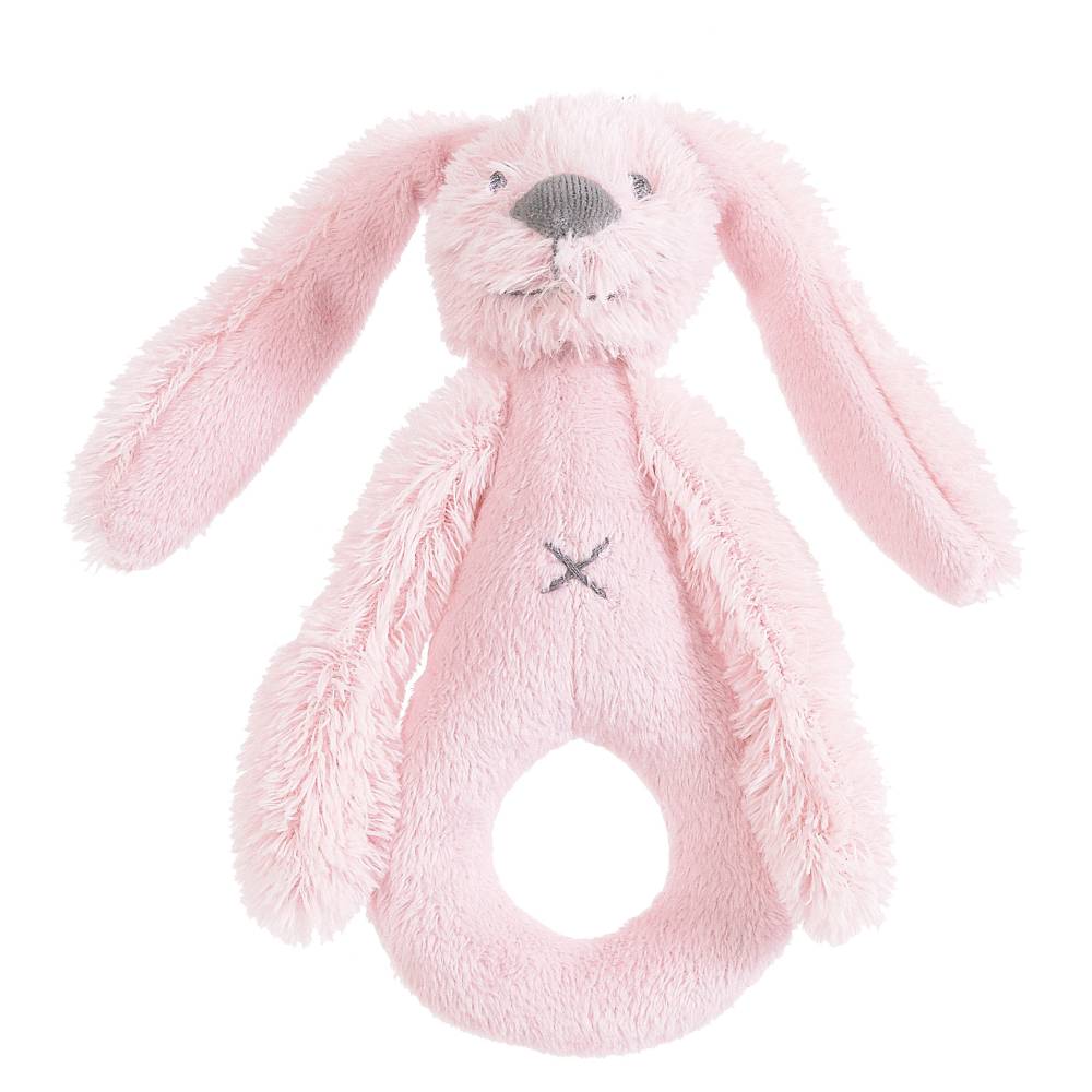 A light pink Happy Horse soft, cuddly Rabbit Rattle on a white background. 