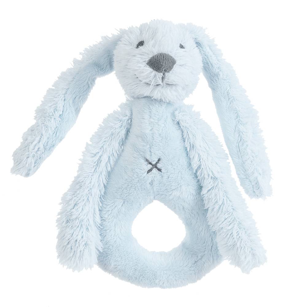 A light blue Happy Horse soft, cuddly Rabbit Rattle on a white background. 