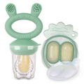 Green silicone solids teether and freeze n feed mini tray against white background