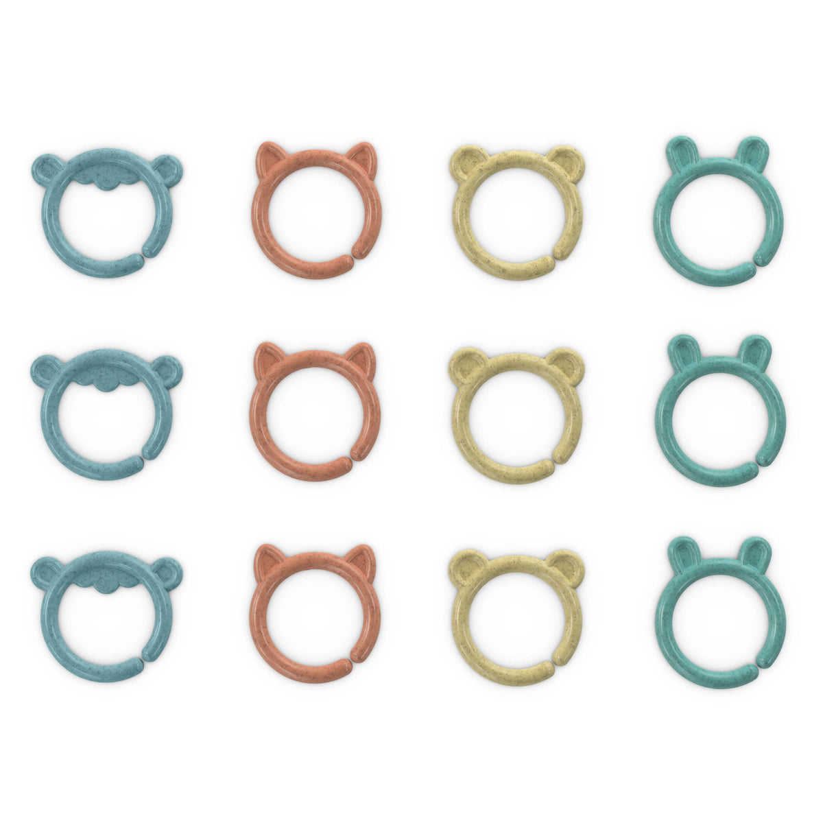 Twelve small ring-shaped baby teething toys arranged in a 3-by-4 grid on a white background. Each ring has a different animal face or ear design and comes in teal, peach, and pale yellow colors.