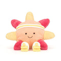 Jellycat orange and red sun soft toy wearing roller skates against white background.