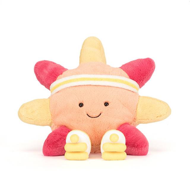 Jellycat orange and red sun soft toy wearing roller skates against white background.
