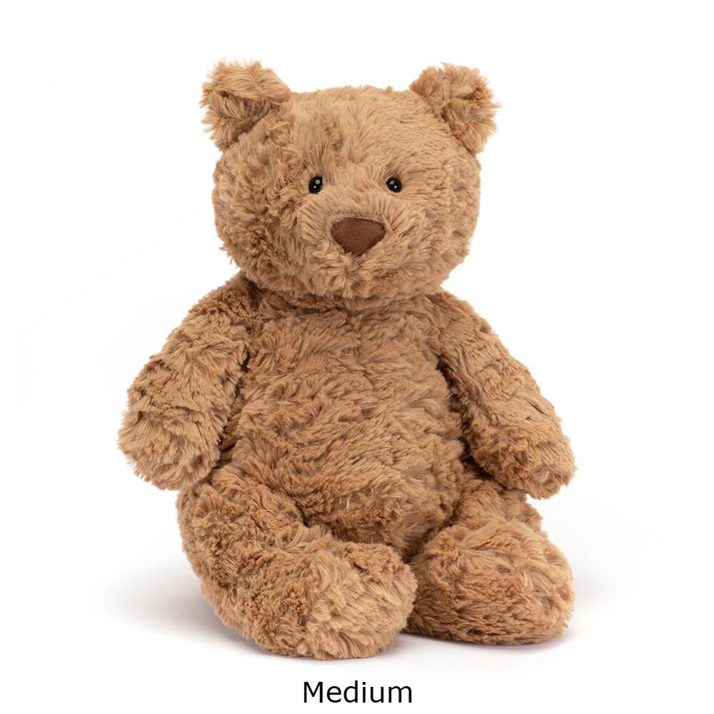 Brown Jellycat bear soft toy against white Background.