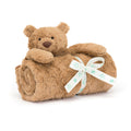 Brown Jellycat blankie with brown bear attached against white background.