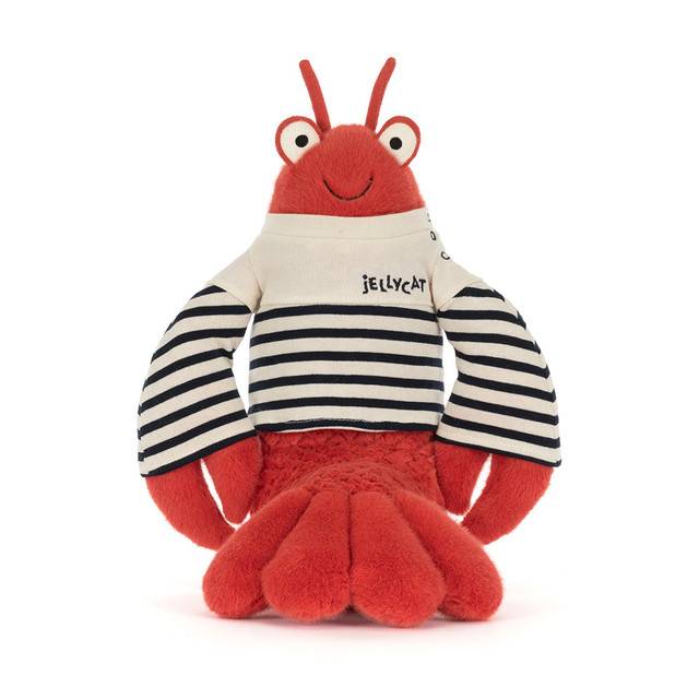 Red Jellycat lobster with white striped shirt against white background.