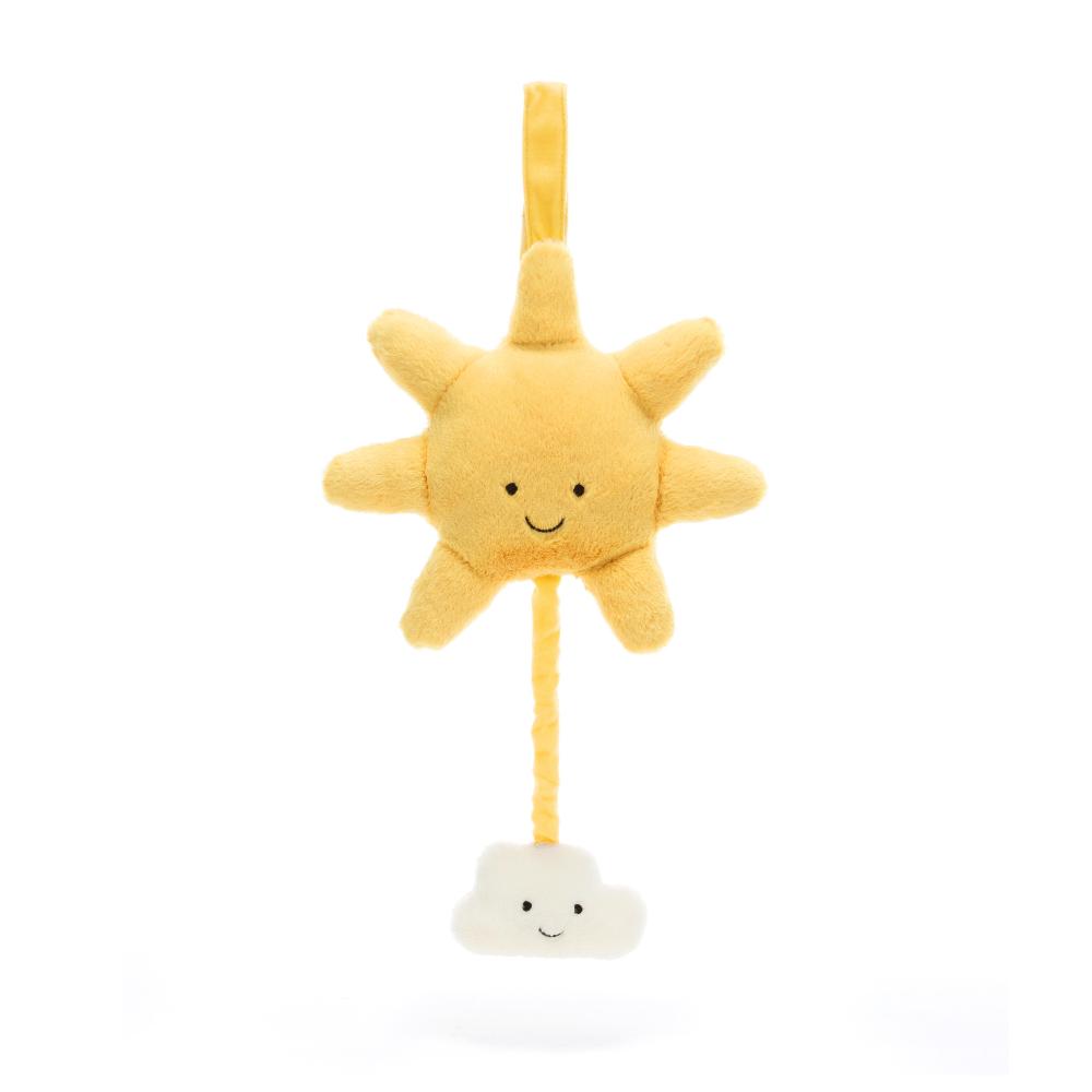 Yellow sun Jellycat musical pull with small white cloud attached on white background.
