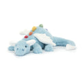 Jellycat blue dragon soft toy with rainbow spikes against white background.