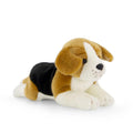 Brown, white and black Jamie Kay dog soft toy against white background.