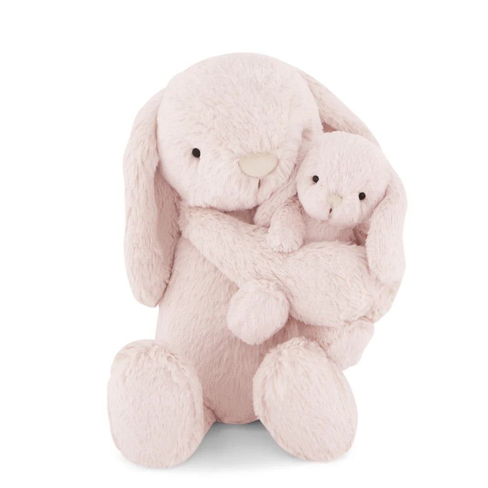 Pink Jamie Kay bunny soft toy against white background.