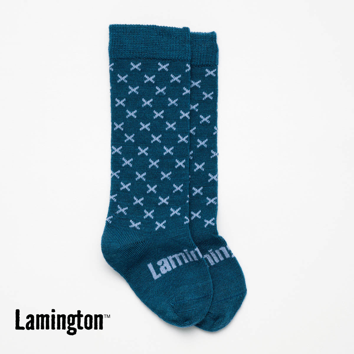 Navy Blue with X pattern knee high socks on a white background