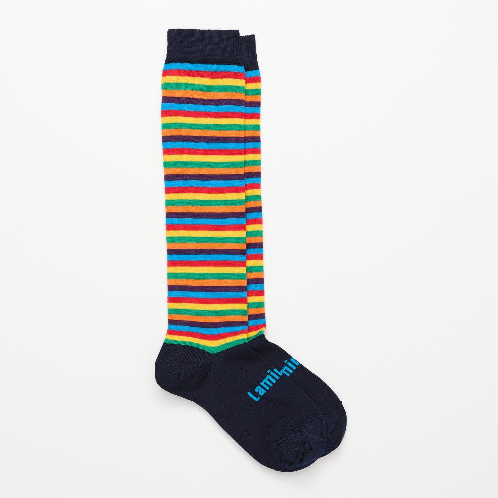 Colourful Bright Stripe Knee High Merino Socks on a white background