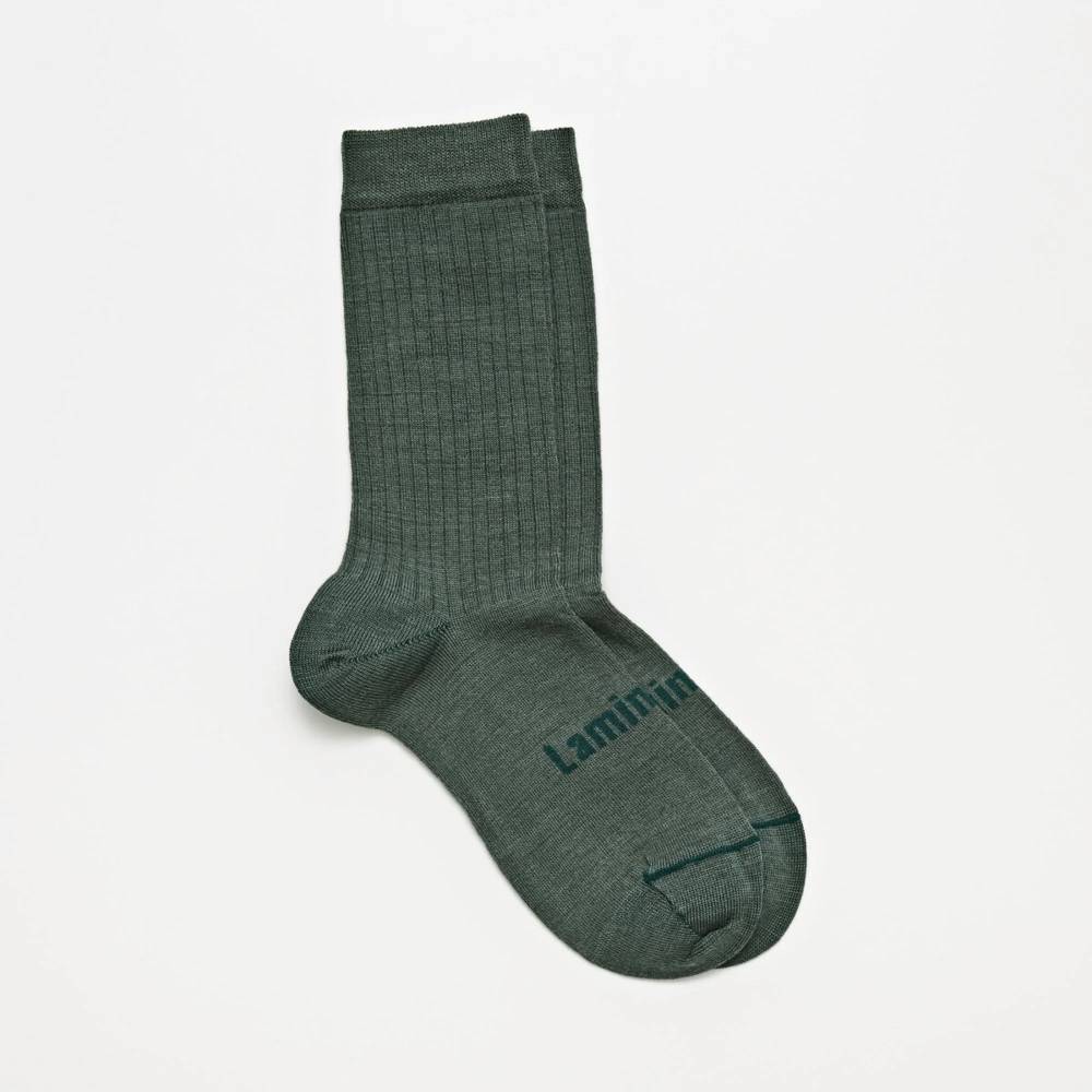 Mens green stripe crew socks on a white background