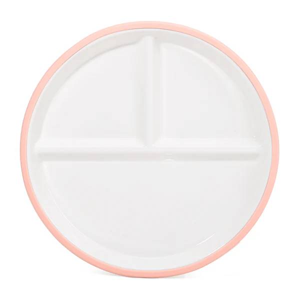 Pink Litill Lapsi divided plate against white background.