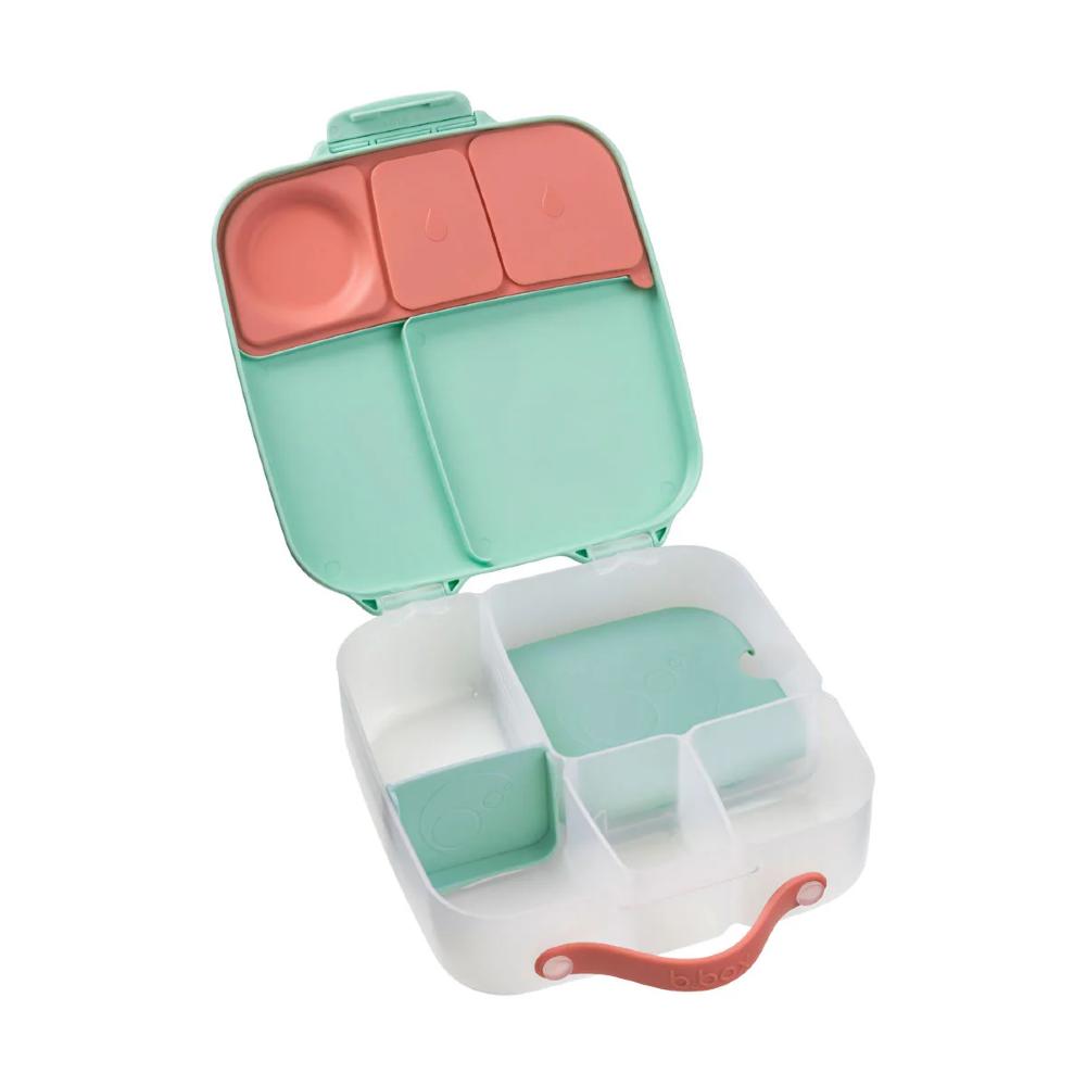 Colorful compartmentalized container with pink, green, and white sections on a white background