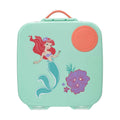 Mint green lunchbox with Ariel mermaid design on a white background