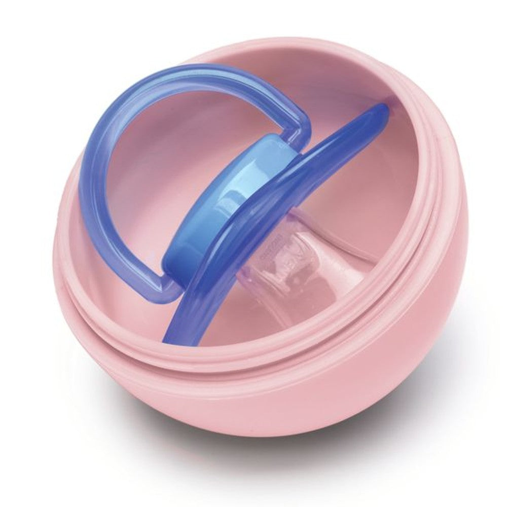 Pink dummy container with blue pacifier on a white background