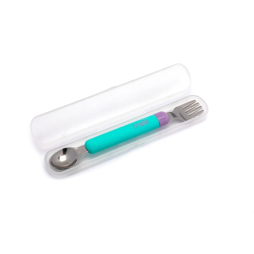 Set of spoon and fork in a white case on a white background