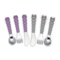 Set of children's cutlery with dog and cat-shaped handles on a white background