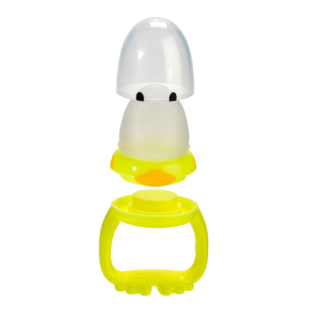 Baby teether with a yellow handle and white top on a white background