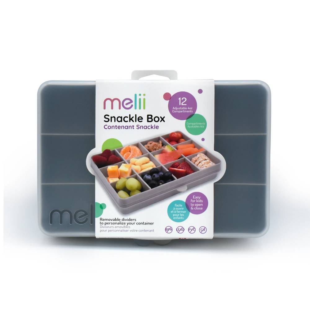 Melii snackable box packaging with a gray container and colorful snacks on a white background