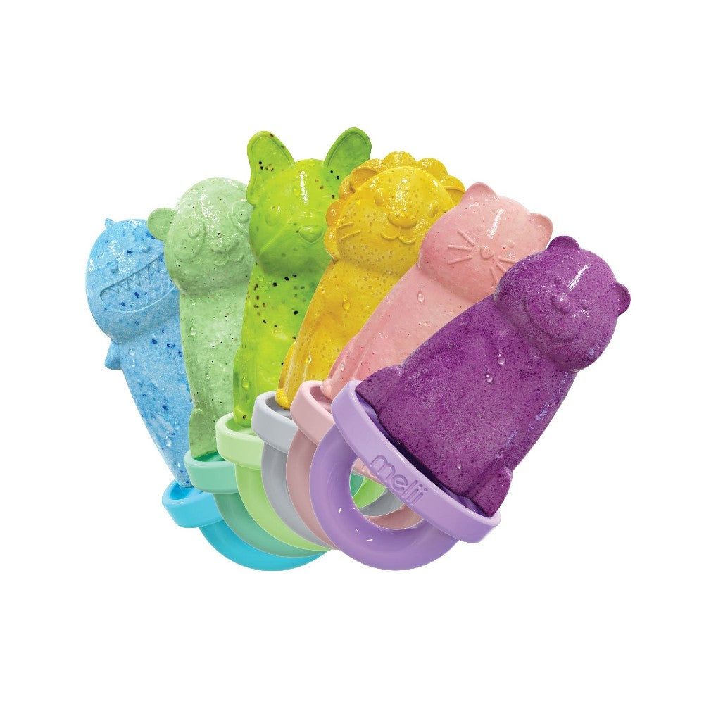 Colorful ice cream molds shaped like animals on a white background