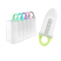 Set of colorful Melii popsicle molds with a clear container on a white background