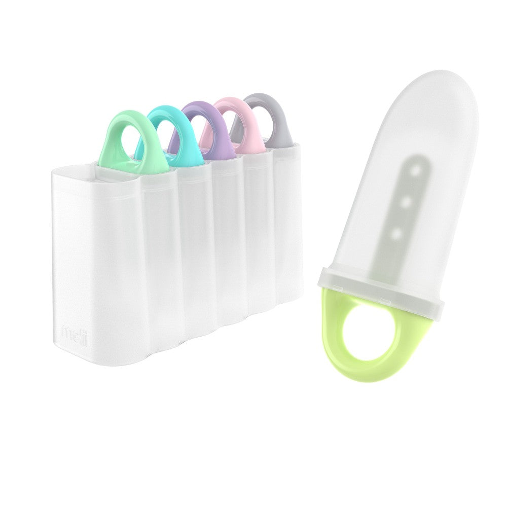 Set of colorful Melii popsicle molds with a clear container on a white background