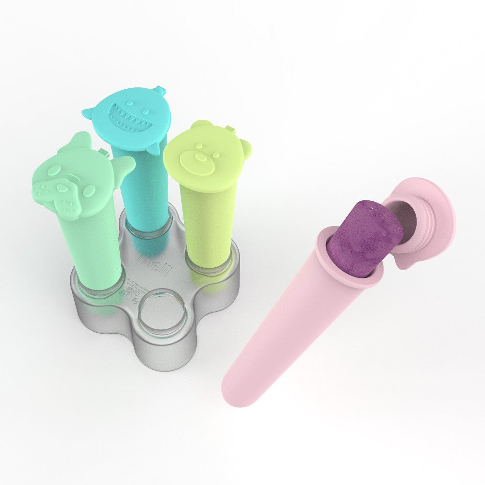 Set of colorful Melii ice cream molds with one mold pulled out showing a pink handle.