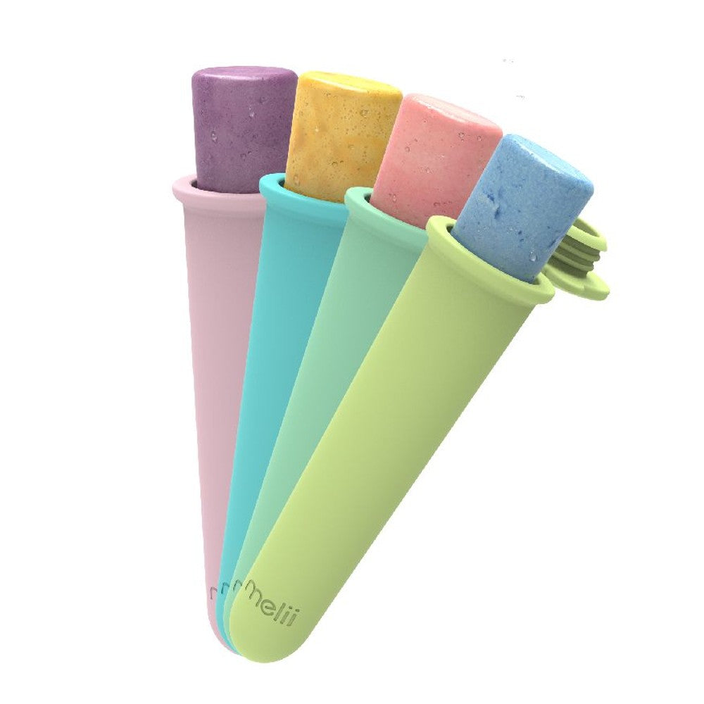Set of four colorful silicone ice cream molds on a white background
