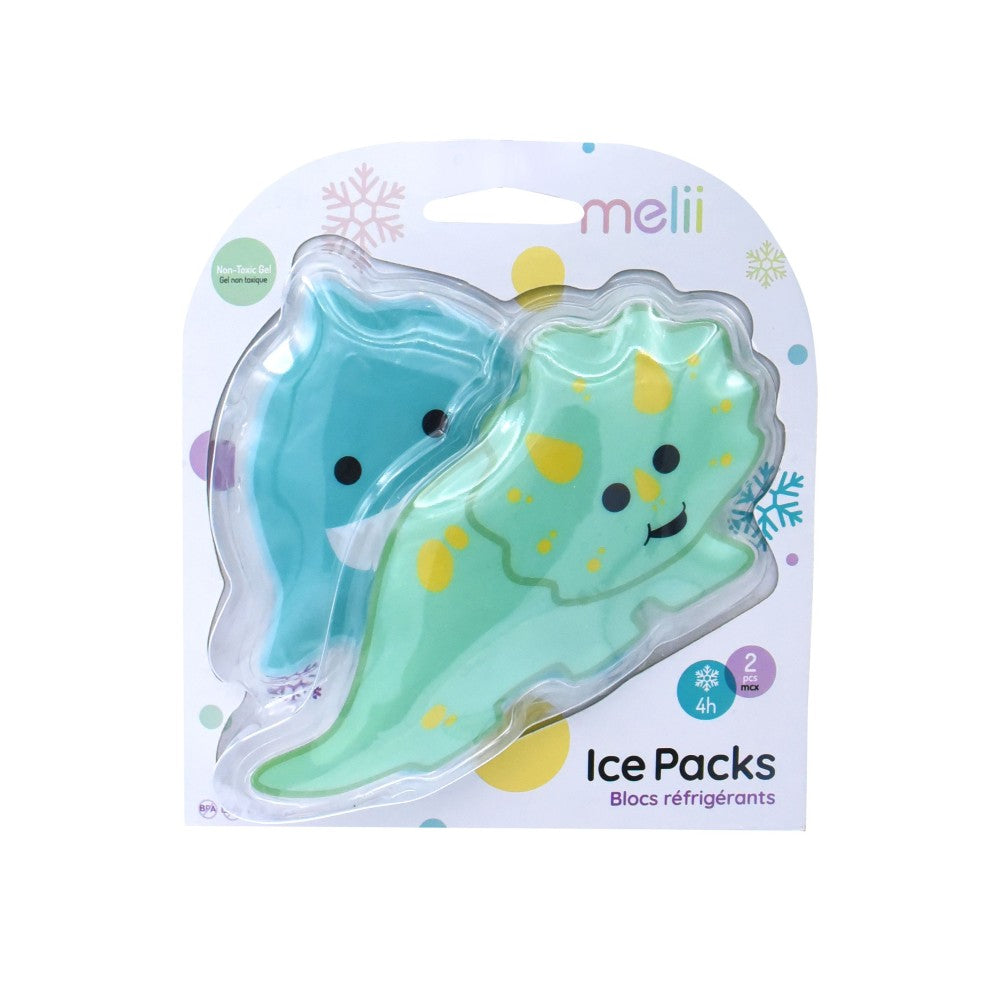 melii gel ice pack in shark and dinosaur design in packaging