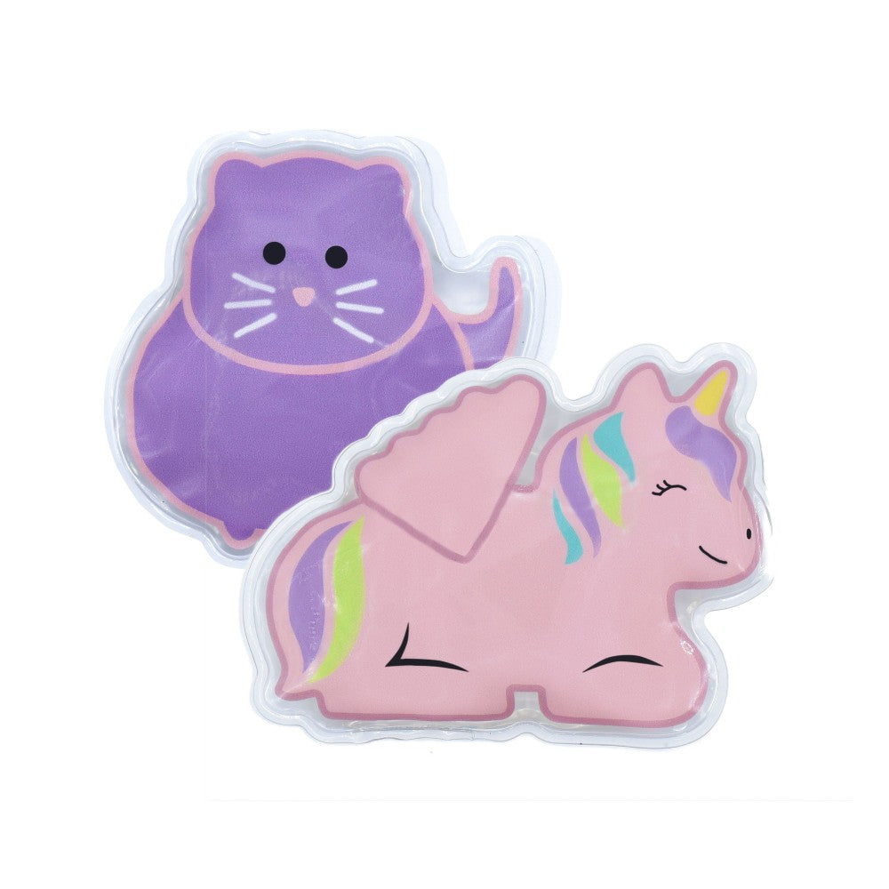 Gel lunch bag ice packs in pink and purple cat and unicorn 
