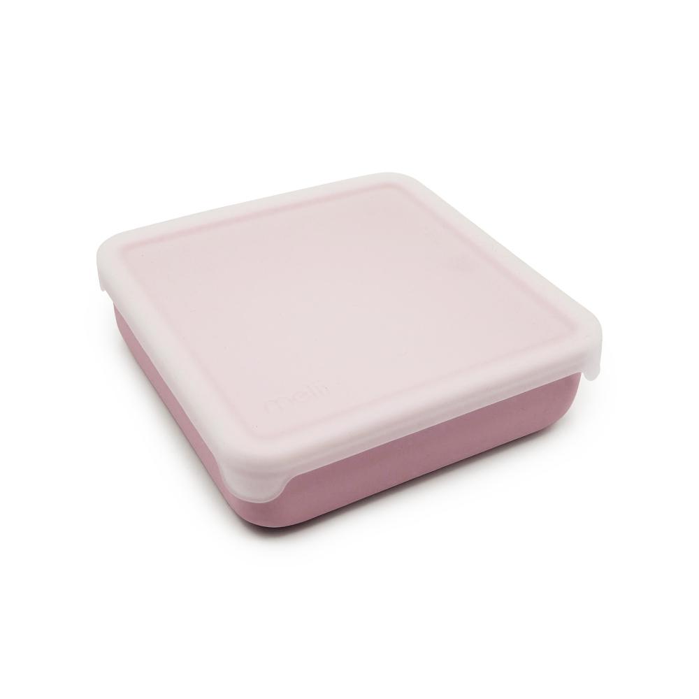 Pink and white rectangular silicone sandwich container on a white background