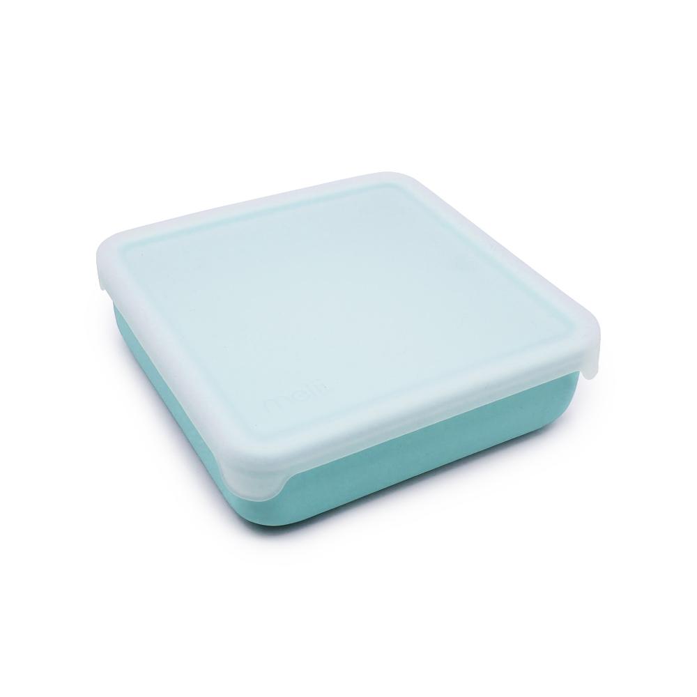 Light blue and white silicone sandwich rectangular container on a white background