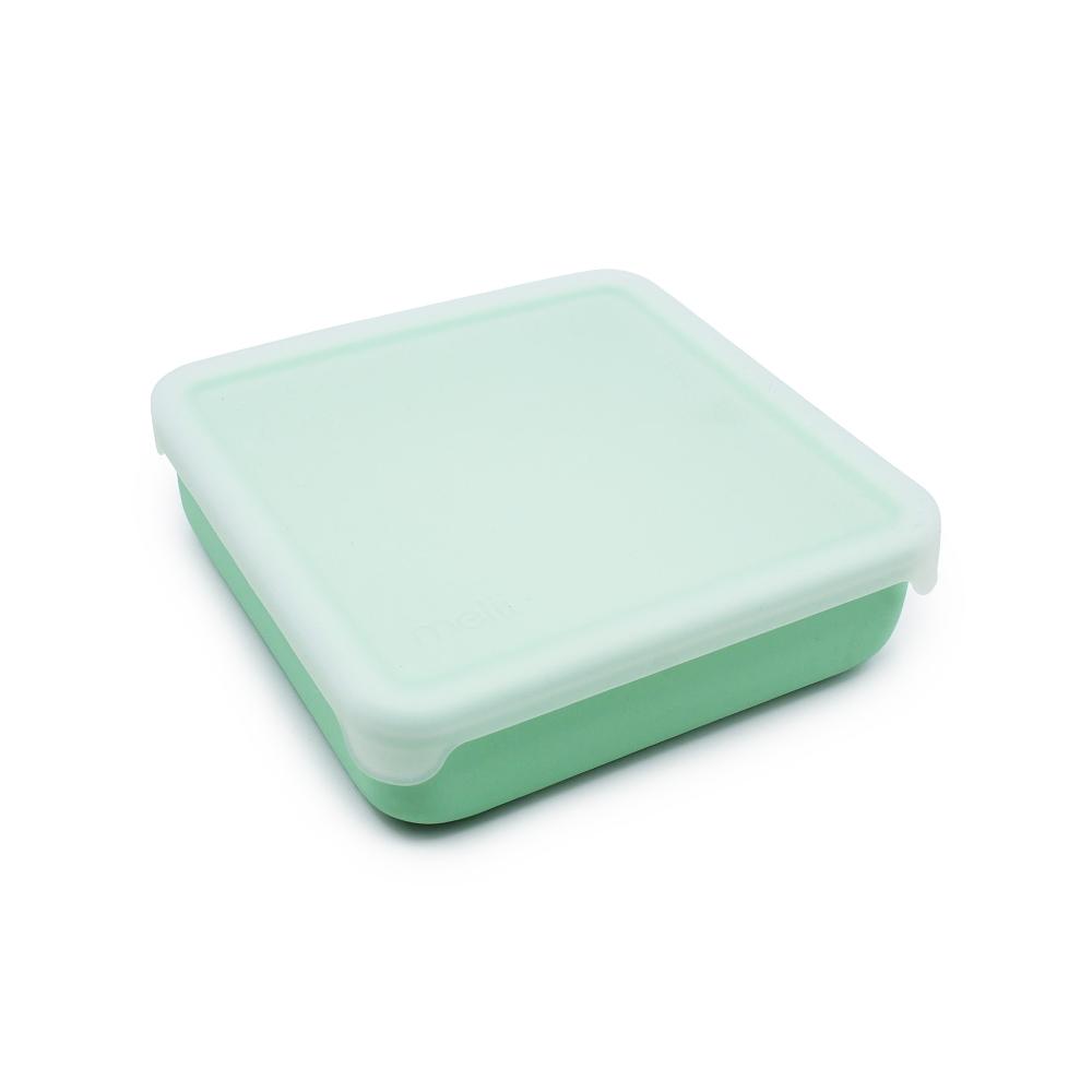 Green and white rectangular Melii sandwich container with a lid on a white background