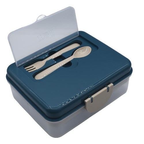 Blue lunch box with cutlery set on a white background