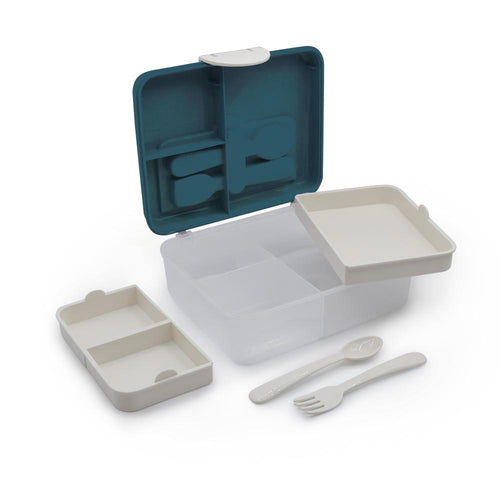 Lunch box with compartments and utensils on a white background
