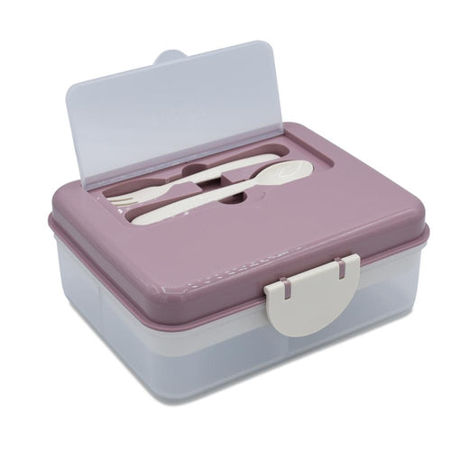 Purple lunch box with cutlery on a white background