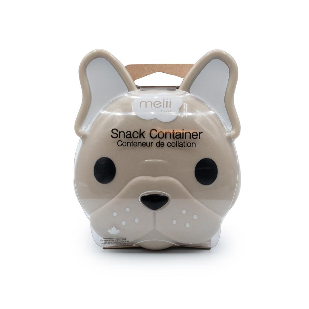 Snack container shaped like a dog's face with 'mellii' branding on a white background