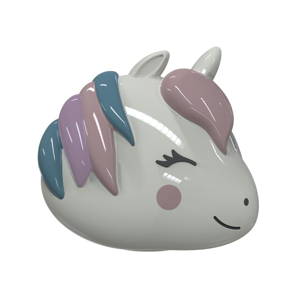 Unicorn-shaped snack container with pastel hair on a white background