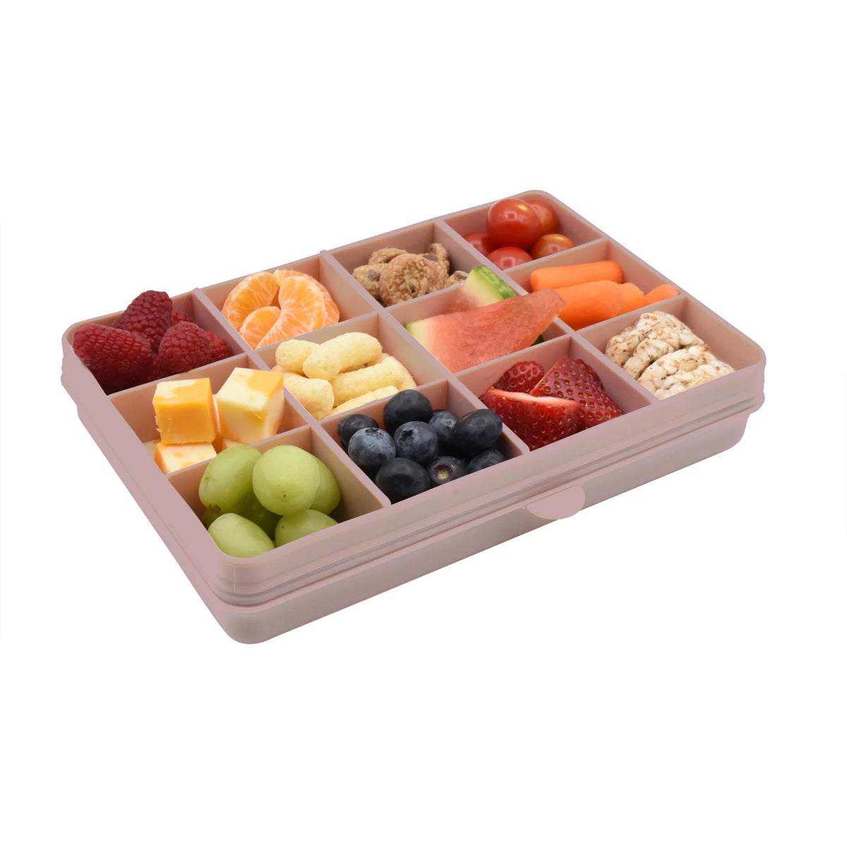 Melii Divided snack tray with various fruits and snacks on a white background
