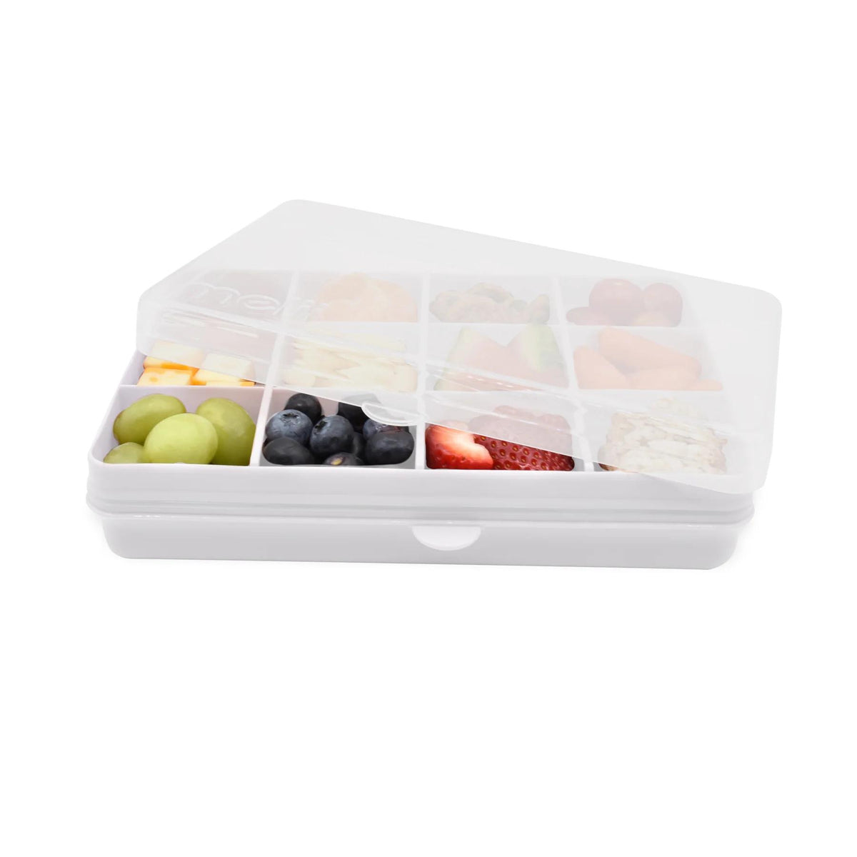 Transparent food storage container with compartments filled with fruits and cookies on a white background