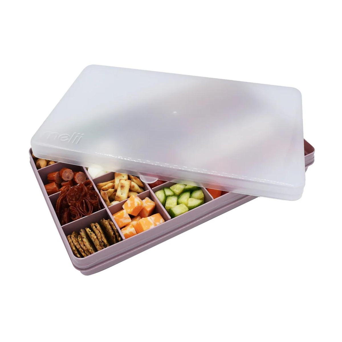 Snack container with compartments filled with various snacks on a white background
