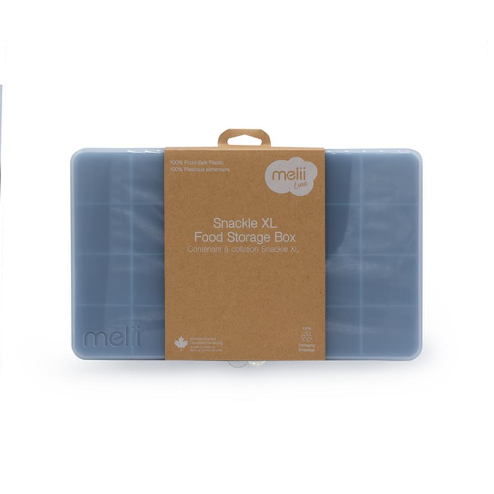 Blue food storage box with brown packaging labeled 'melii' on a white background